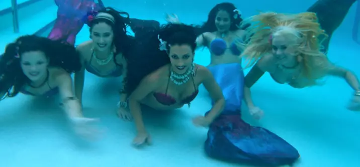 A group of women in the water with their tails curled up.